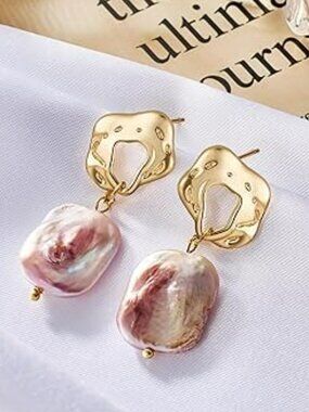 Natural Pink Baroque Gold Plated Dangle Earrings Hypoallergenic NEW